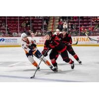 Flint Firebirds' Christopher Thibodeau battles Soo Greyhounds' Justin Cloutier