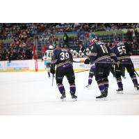 Tucson Roadrunners center Cameron Hebig (left) leads the team on the ice