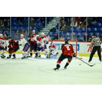 Vancouver Giants left wing Aaron Obobaifo eyes the Spokane Chiefs' goal